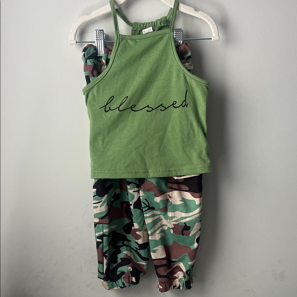Green 'Blessed' Tank Top and Camouflage Pants Set